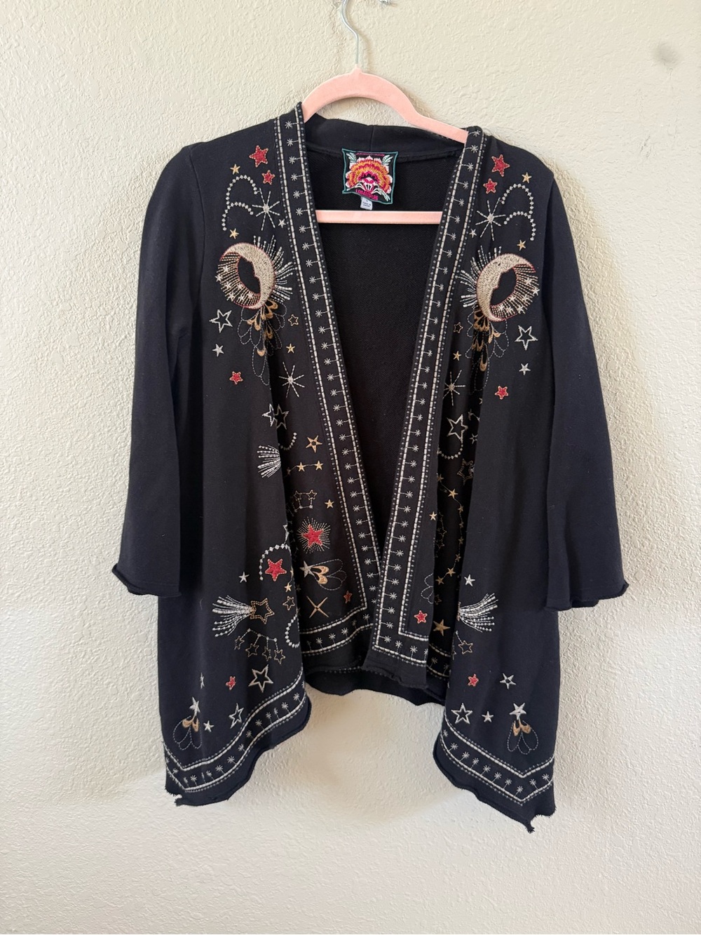 Johnny Was Embellished Black Open-Front Women’s Sweater Cardigan zodiac stars